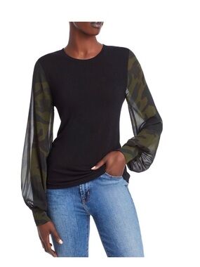 Generation Love Noelle Sheer Camouflage Sleeve Black Women's Top. Xl